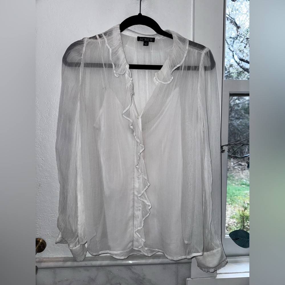 J.Crew Ivory Sheer Ruffle Blouse Size 6 Romantic Chiffon Top